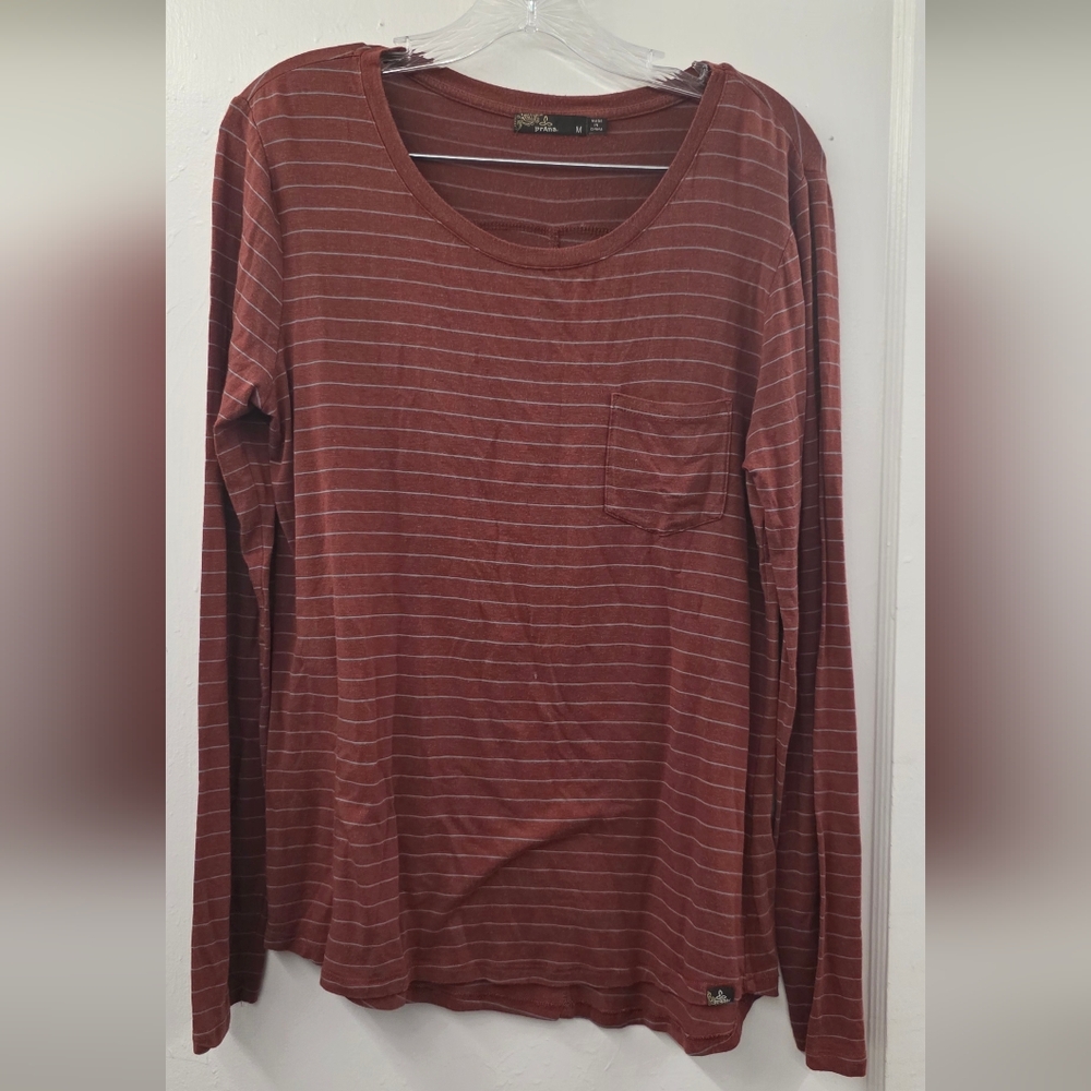 prAna Striped Long Sleeve Pocket Tee Rust Brick Stripe Women’s Med Boho Casual